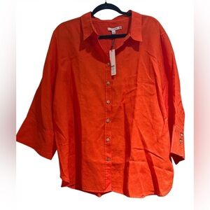 🆕 Chicos No Iron Linen 3/4 Sleeve Button Shirt Orange Womens